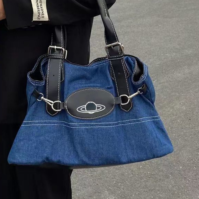 

Designer women's Bags American Vw tide brand Vivi shoulder bag classic Saturn print handbag fashion punk style denim messenger Bag large capacity Shopping totebag, Denim blue