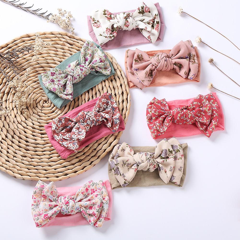 

High Quality Girls Chiffon Bow Headband Printed Flower Stretch Elastic Baby Headband Sweet Hair Band, Options