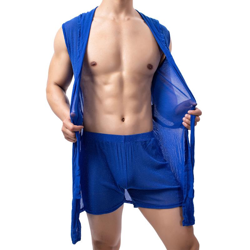 

Men' Sleepwear 2PCS/Lots Mens Hooded Robe Shorts Pants Mesh See Through Sexy Erotic Nightwear Loose Pajamas Nightgown Bath RobeMen, White