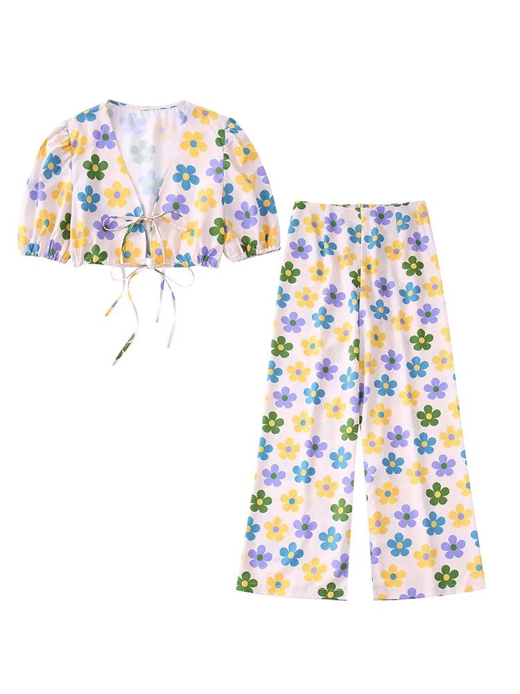 

Women's Two Piece Pants Women Fashion With Tied Floral Print Cropped Blouses Vintage High Waist Back Zipper Ankle Trousers Female Suits Muje, Top