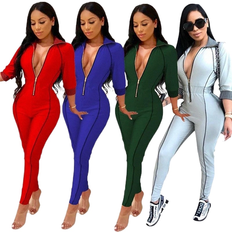 hight Quality Jumpsuit Women Fall Clothes Solid Color Stretch Zip Up Bodysuit Overall One Pice Romper Wholesale Drop Women's Jumpsuits & Rom-image-790035809