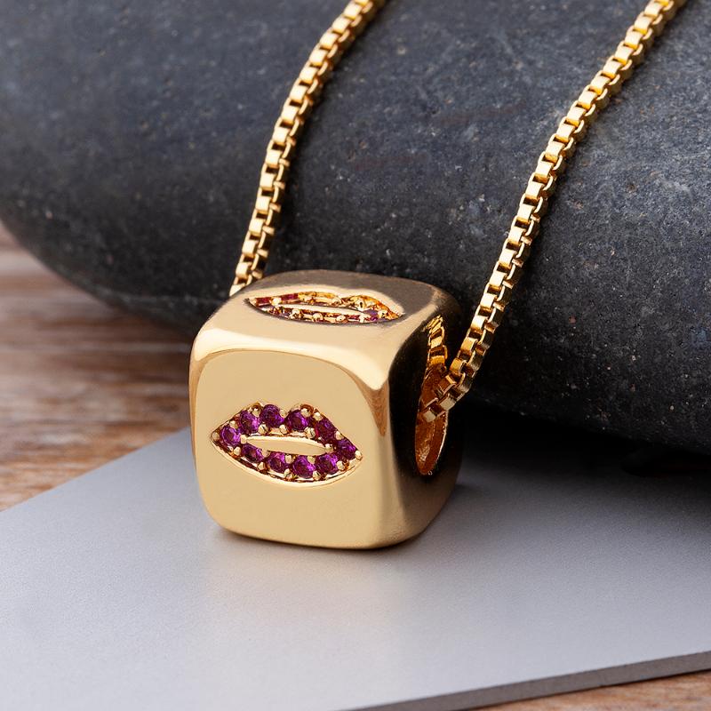 

Pendant Necklaces Design Cute Cube Dice Lips Necklace Copper Zircon Gold Color Chain Trendy Fashion Women Party Wedding Jewelry GiftPendant