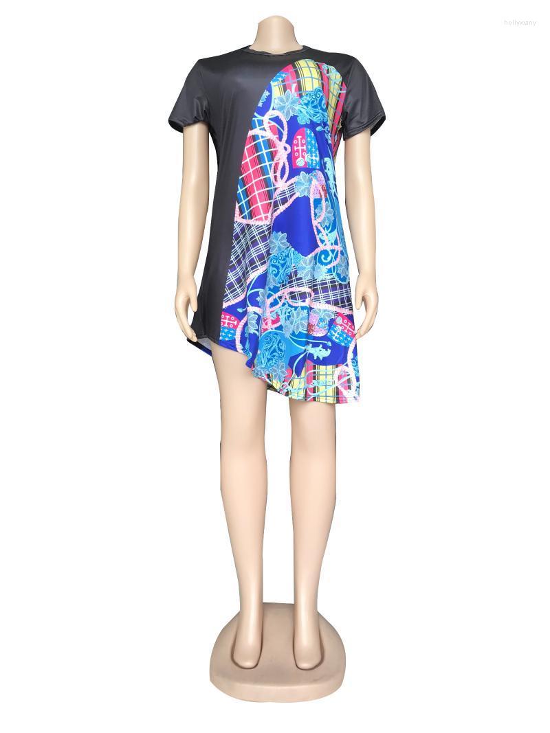 

Plus Size Dresses European And American Fashion Round Neck Short Sleeve Splicing Contrast Print DressPlus Holl22, Blue