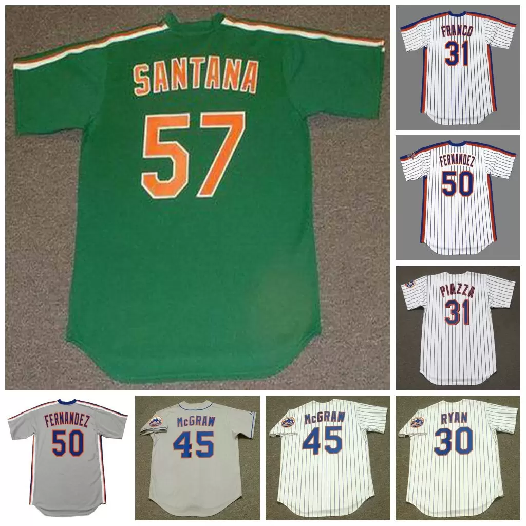 

N York Vintage Baseball Jersey 30 NOLAN RYAN 1969 31 JOHN FRANCO 1990 MIKE PIAZZA 2000 45 TUG McGRAW 50 SID FERNANDEZ 1986 57 JOHAN SANTANA 1980's, 45 tug mcgraw 1969 white