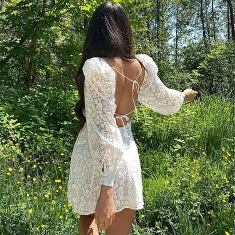 

Dresses Women Casual Midi Dress Y2k Elegant Party Style Female White Lace Hedging Deep V-neck Backless Sexy Long-sleeved