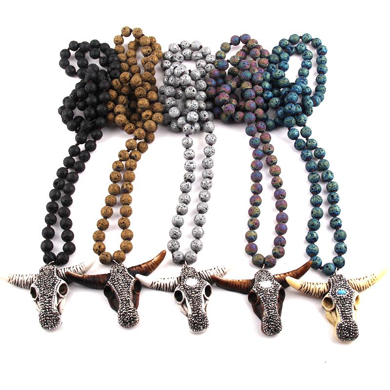 

Pendant Necklaces Fashion Bohemian Tribal Jewelry Multi Lava Stones Long Knotted Handmade Paved Bull Head Necklace For WomenPendant