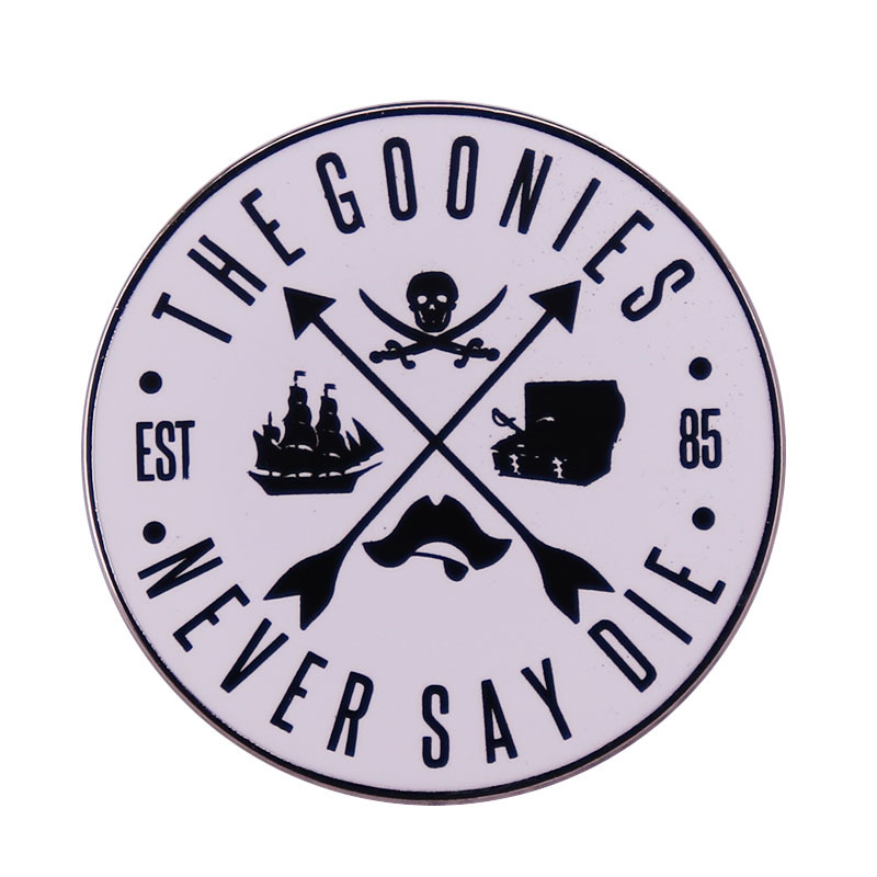 

The Goonies Never Say Die Pin Skull & Crossbones Pirate Brooch Rock Band Gothic Badge, As picture