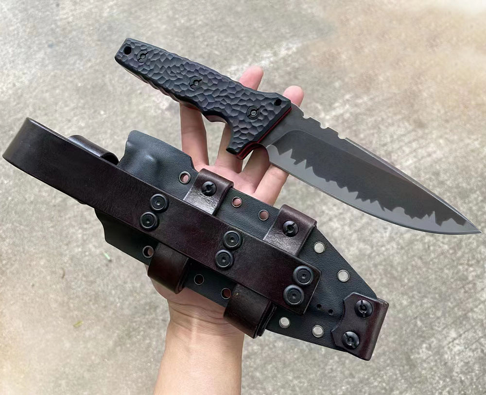 

New High End Strong M15 Survival Straight Knife Z-Wear PM Steel Black Stone Wash Drop Point Blade Full Tang Honeycomb G10 Handle With Kydex