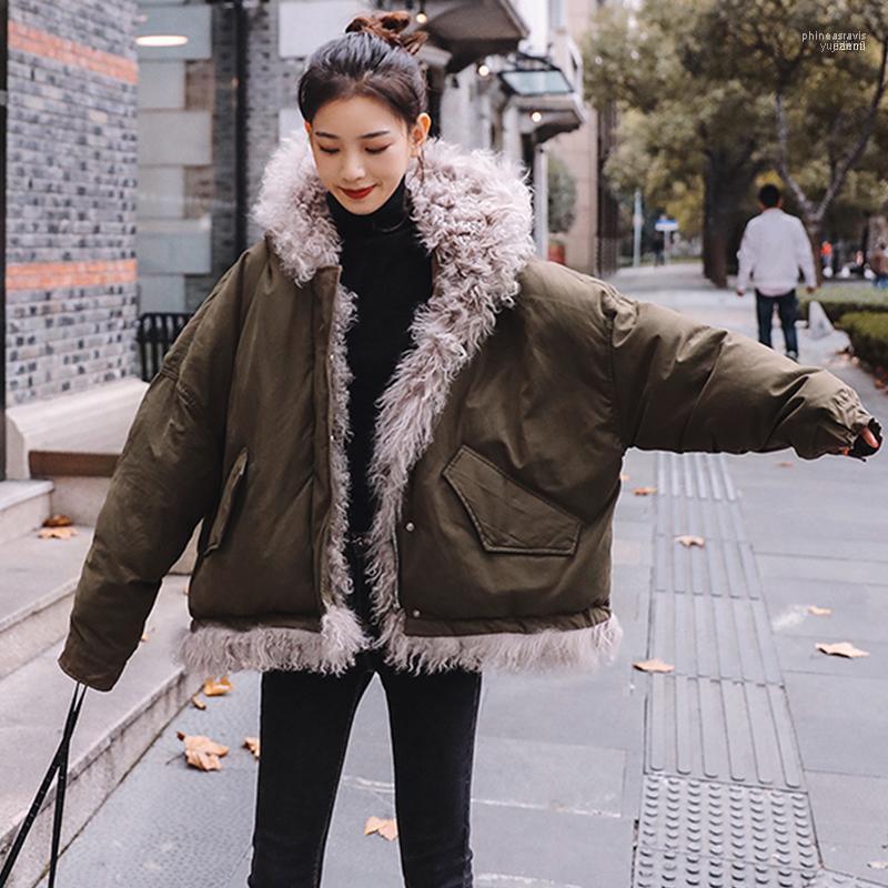 

Women' Down & Parkas Lamb Wool Jacket Splice Cotton Clothes Women Thick Loose Fashion Winter Coat Female Plus Size Hat Hooded Tops S3671 Ph, Armygreen