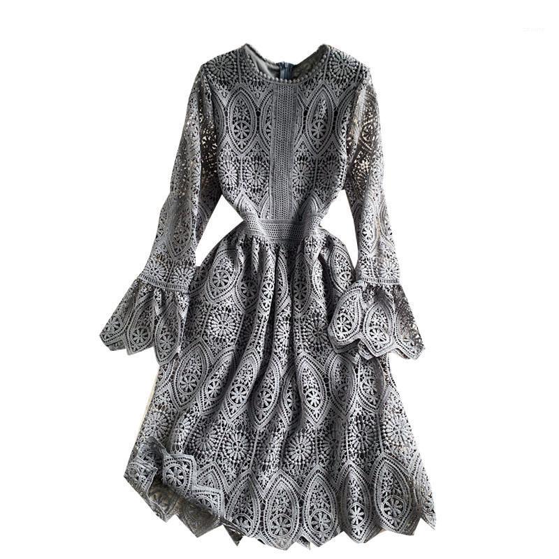 

Casual Dresses 2022 Spring Autumn Women O-Neck Speaker Long Sleeve Dress High Quality Vintage Hook Flower Hollow Lace, Black