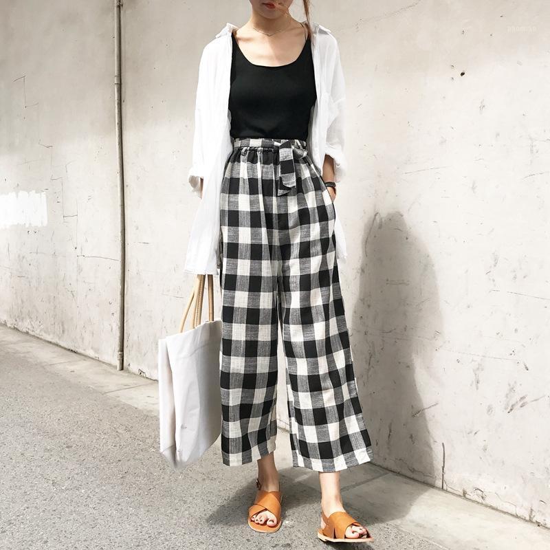 

Women's Pants & Capris WEANIA Fashion Plaid Print Lace Up Pocket Ladies Women High Waist England Style Female Ankle Length Wide Leg, Black