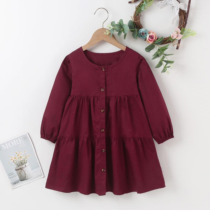 

Girl's Dresses Winter 2022 Arrivals Girls Dress Long Sleeve O Neck Single Breasted Purplish Red Streetwear Vestidos 18M-6T