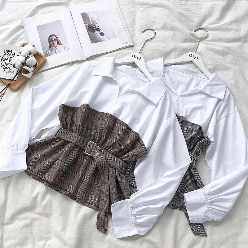 

Shirt2022 Autumn Korean Fashion Lapel Plaid Stitching Fake Two Waist Belt Lace Long-sleeved Shirt Women Women' Blouses & Shirts, Dark gray