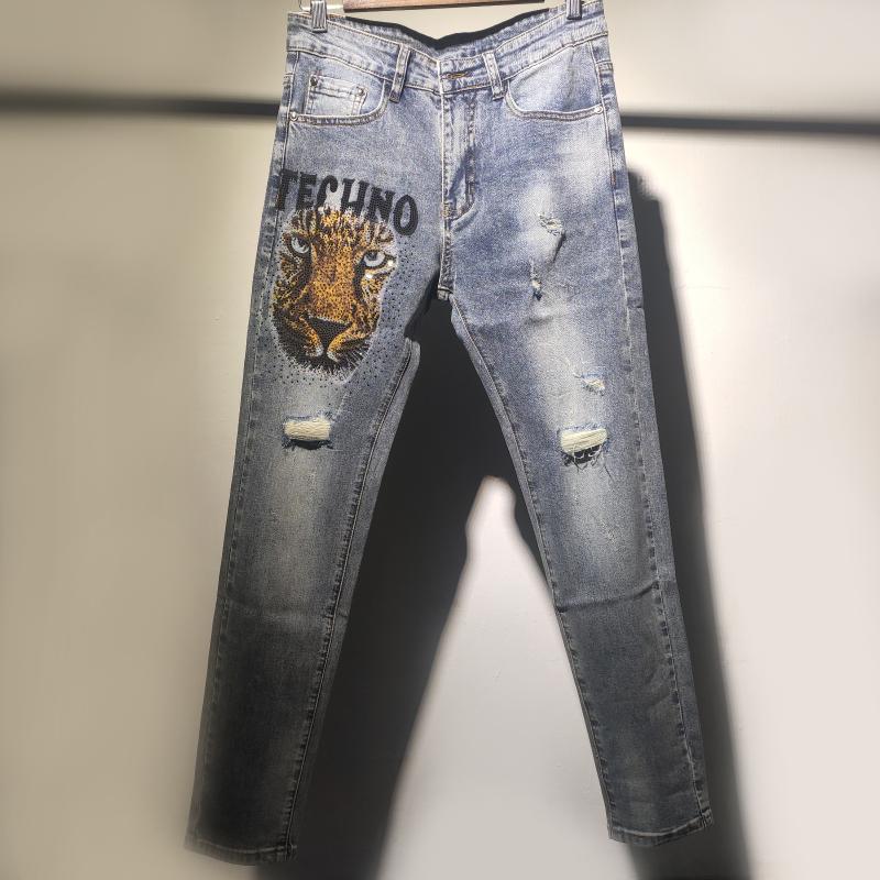 

Men's Jeans Korean Version Slim Tide Brand Pant Vaqueros Hombre 2022 Fall Blue Animal Diamond Jean Men Little Feet Trend Ripped, Picture