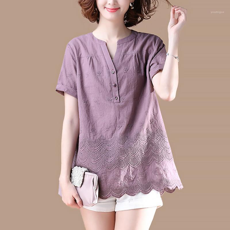 

Women's Blouses & Shirts Summer Casual Women 2022 4xl Loose Short Sleeve Embroidery Cotton Blouse Top Shirt , Woman V Neck Purple Ruffle, As pic