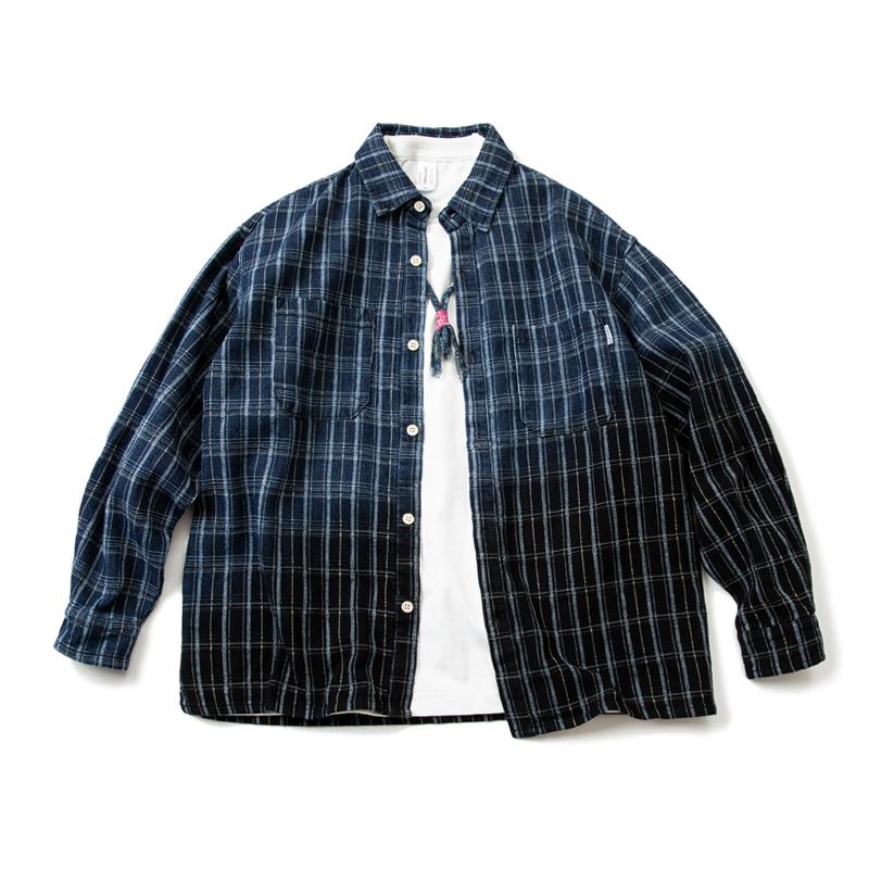 

Men's Casual Shirts Autumn 2022 Men's Japanese Cotton Linen Wash Gradient Plaid Shirt Blue Black Loose Long Sleeves High StreetMen's