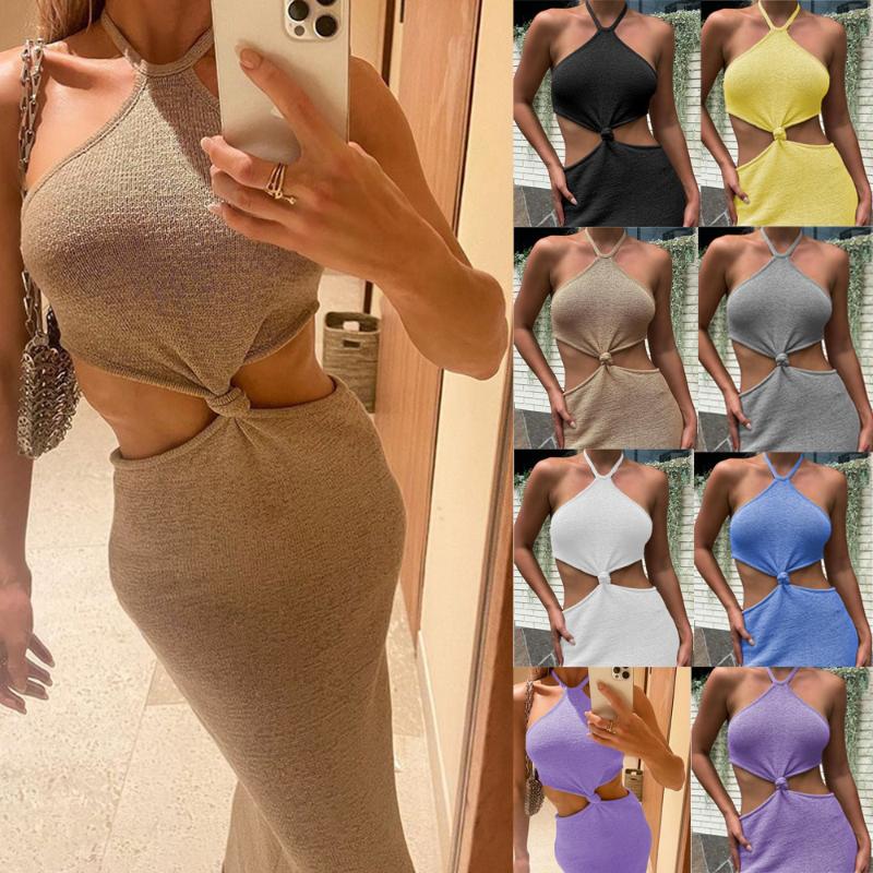 

Casual Dresses Women Spring And Summer Y2k Style Sexy Knitting Sleeveless Open Back Floor Length Holiday Hollow Dress 2022Casual, Gray