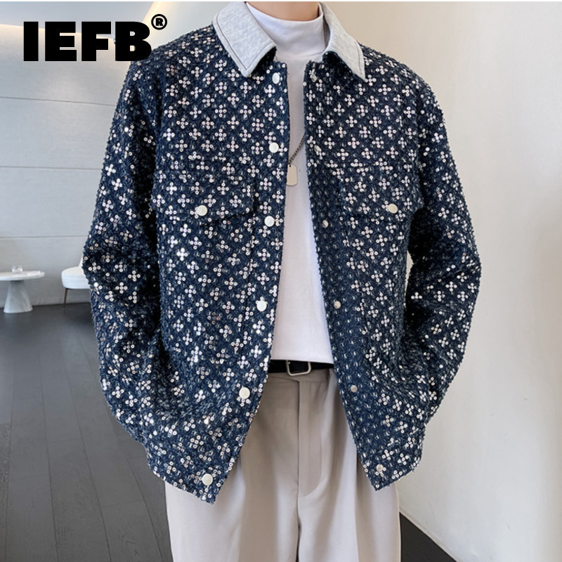 

IEFB Menswear Fashion Chic Sequin Denim Jacket Men's Loose Lapel Single Breasted Long Sleeve Coat Autumn Winter 220816, Navy blue