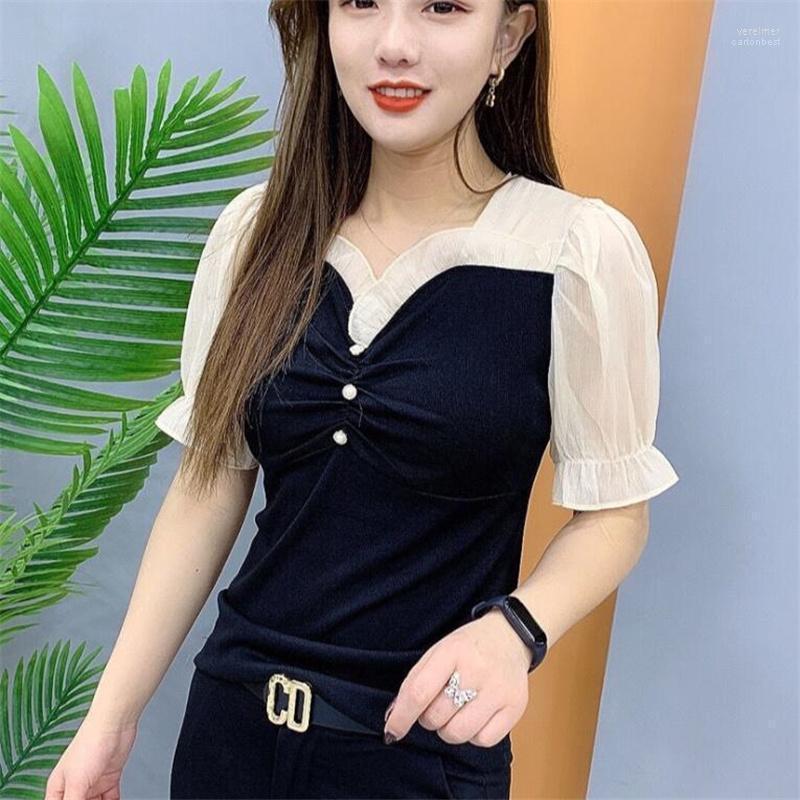 

Women's Blouses & Shirts Summer V-neck Chiffon Women All-match Bottoming Bhirt Laciness Tee Tops Slim Blusas Five-point Sleeve Casual Vere22, Beige