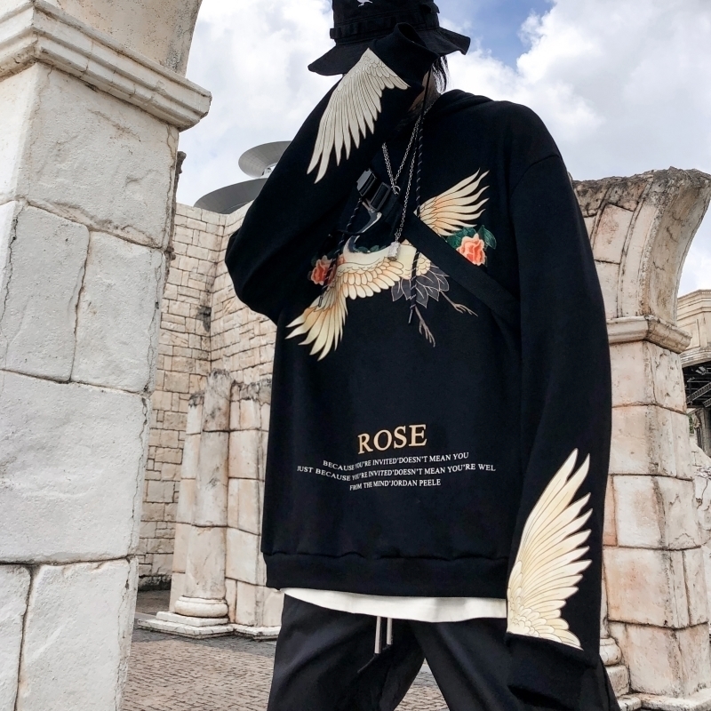 

Fashion Style Japanese Crane Printing Hoodies Men 100%Cotton Fashion Long Sleeve Black Hoodie 201113