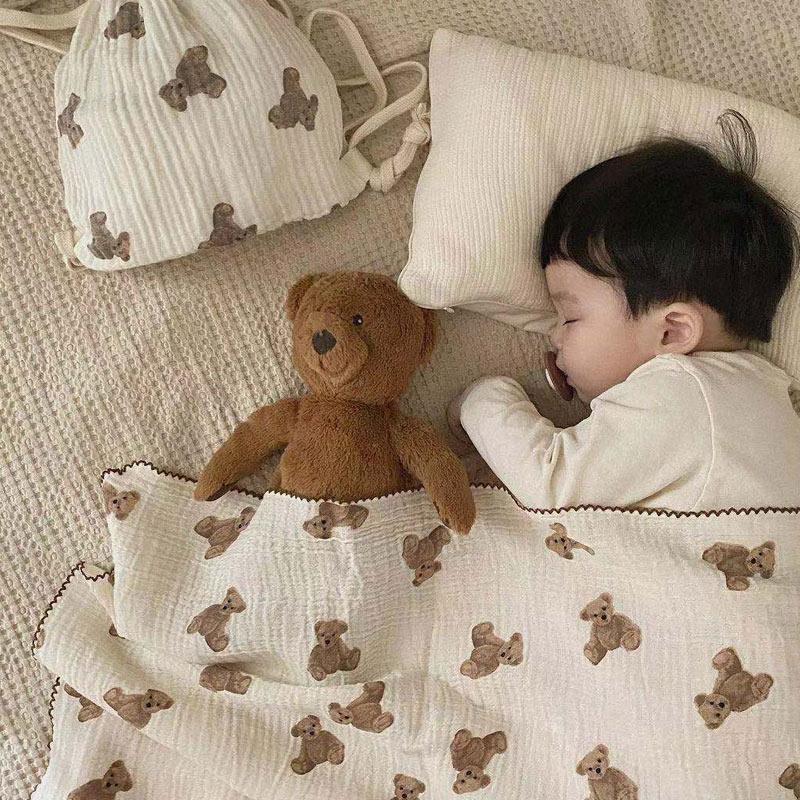 

Blankets & Swaddling Two-Layer Cotton Gauze Bear Print Baby Blanket Comfort Soft Born Infant Muslin Wrap 2022 Thin Boys Girls Quilt, 130x90cm