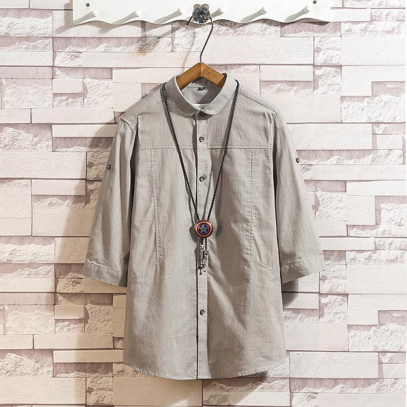

Autumn Casual Shirt Men Large Size 5XL Loose Three Quarter Cotton And Linen Thin Slim Solid Color Men's Shirts, Lighte blue