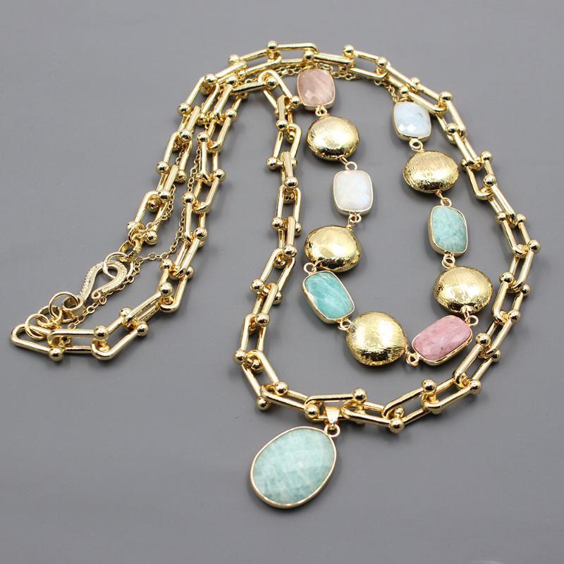 

Pendant Necklaces GuaiGuai Jewelry Natural Stone Aquamarines Citrines Rhodonite Bronzites Chain Necklace Amazonite PendantPendant