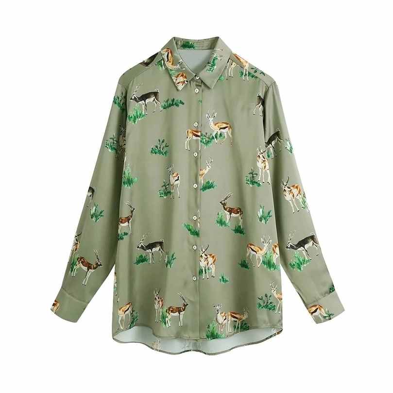 

Women Printed Satin Shirt Long Sleeves Elegant Fashion Chic Lady Cozy Woman Blouse Shirt Tops Femme Mujer blusas 210709, Green
