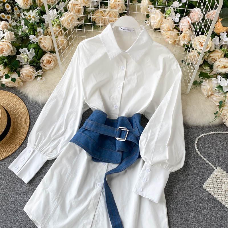 

Women's Blouses & Shirts 2022 Turn-down Collar Denim Slim Waist Shirt Hong Kong Style Retro Femme Blusas Autumn Lantern Sleeve Women Blouse, White