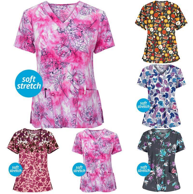 

Blouse Women Tops Ladies Fashion Printed Short Sleeve V-neck Pocket Workwear Top Blusas De Mujer Y Camisas Chemise Femme Women' T-Shi, Blue