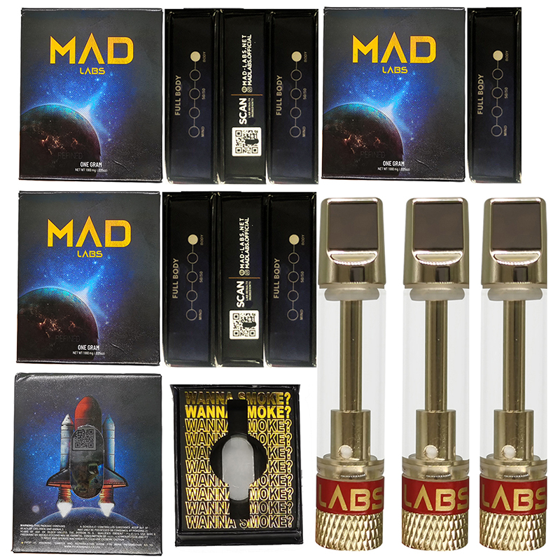 

MAD Vape Cartridges 0.8ml Atomizers Metal Carts Packaging Boxes 510 Thread Vaporizer Pen Gold Colors Round Screw in Tips Thick Oil Empty Vape Pen mad labs E Cigarettes