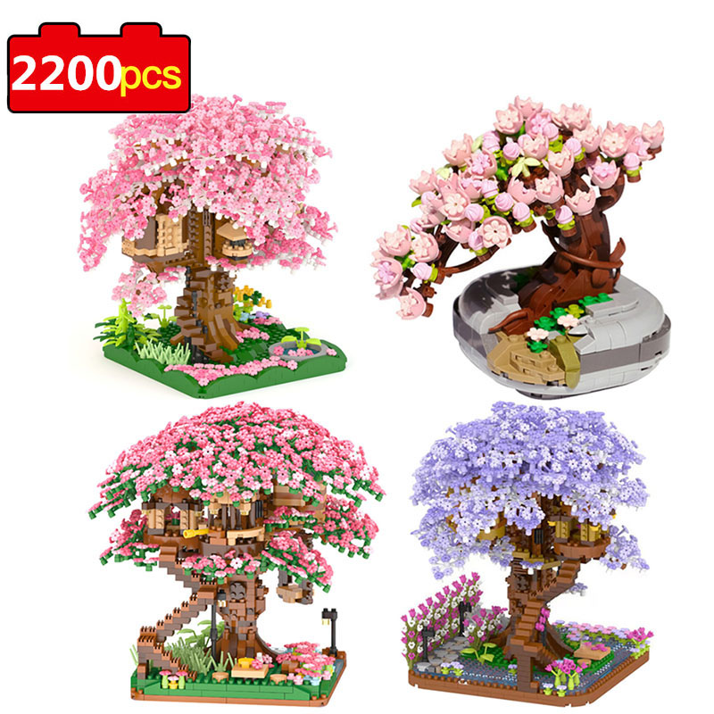 

New Pot Plants Blocks Bricks City kits Mini Sakura Succulents Cherry Blossom House Tree Model Building Blocks Toys for Children Gifts
