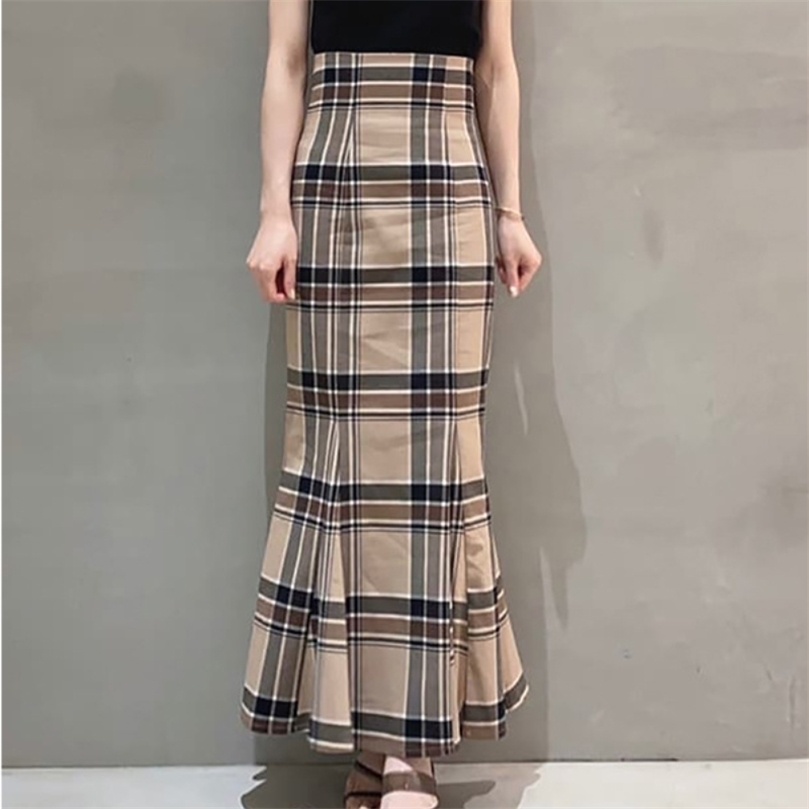

Kuzuwata High Waist Plaid Buttocks Side Split Mermaid Skirts Japan Style Temperament Elegant Jupe Autumn Women Faldas 220401, Black