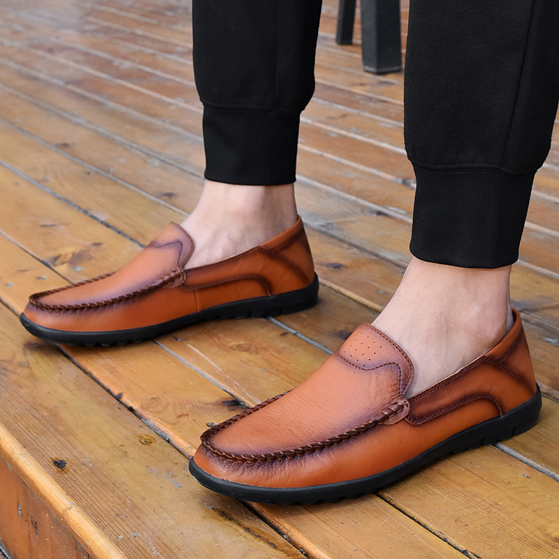 

Loafers Men Shoes PU Leather Round Toe Classic Fashion Pure Hand-stitched Simple Versatile Comfortable Soft Sole Casual Driving Shoes HM539, Clear