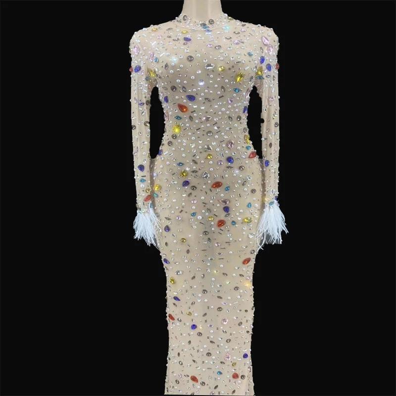 

Casual Dresses Colorful Crystals Pearls Sexy Mesh Dress Prom Evening Transparent Multicolor Rhinestones Costume Birthday Feather SleevesCasu, As pic