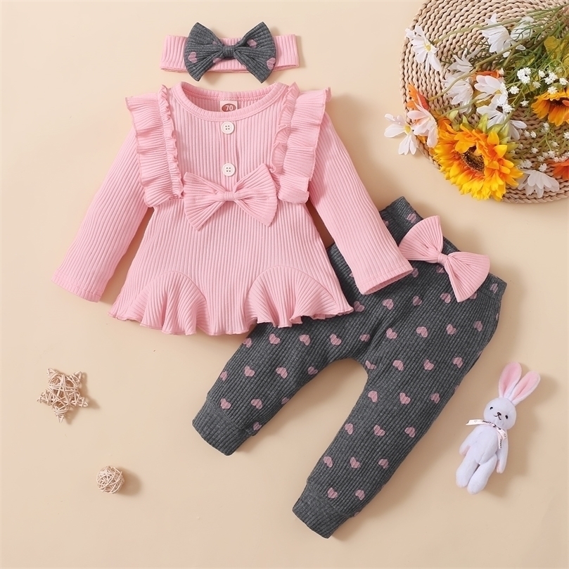 

born Baby Girls Clothes Set Pink Toddler Ruffle Tops Heart Print Bow Trousers Princess Casual Infant Outfits Clothes Suit 220815, Dark grey