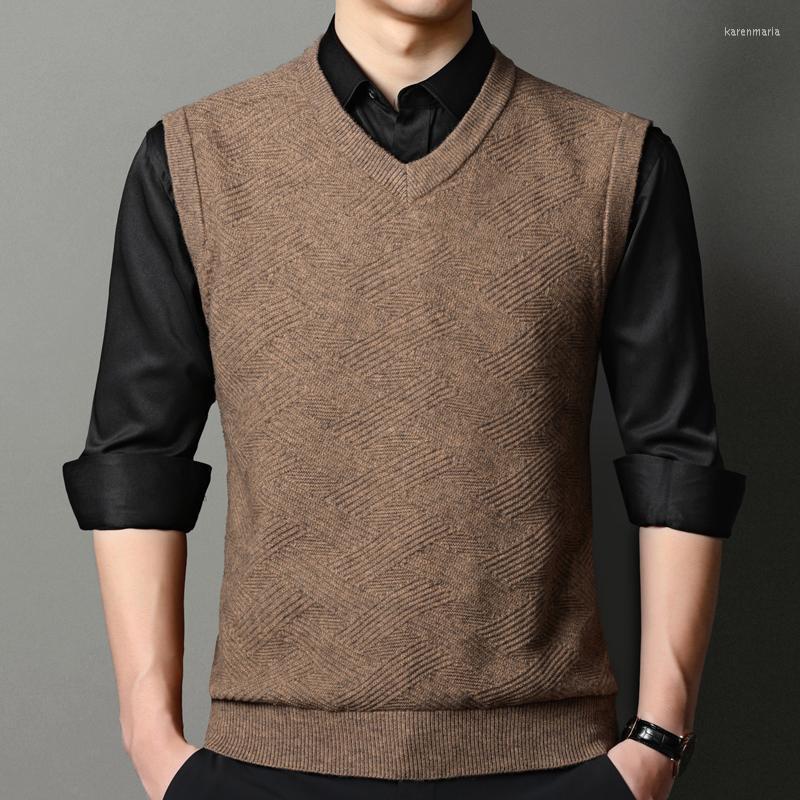 

Men's Vests Brand Autumn Winter Jacquard Sweater Vest Classic Solid Color Slim Knitted Sleeveless Pullovers V-Neck Casual Men Clothing Kare2, Khaki