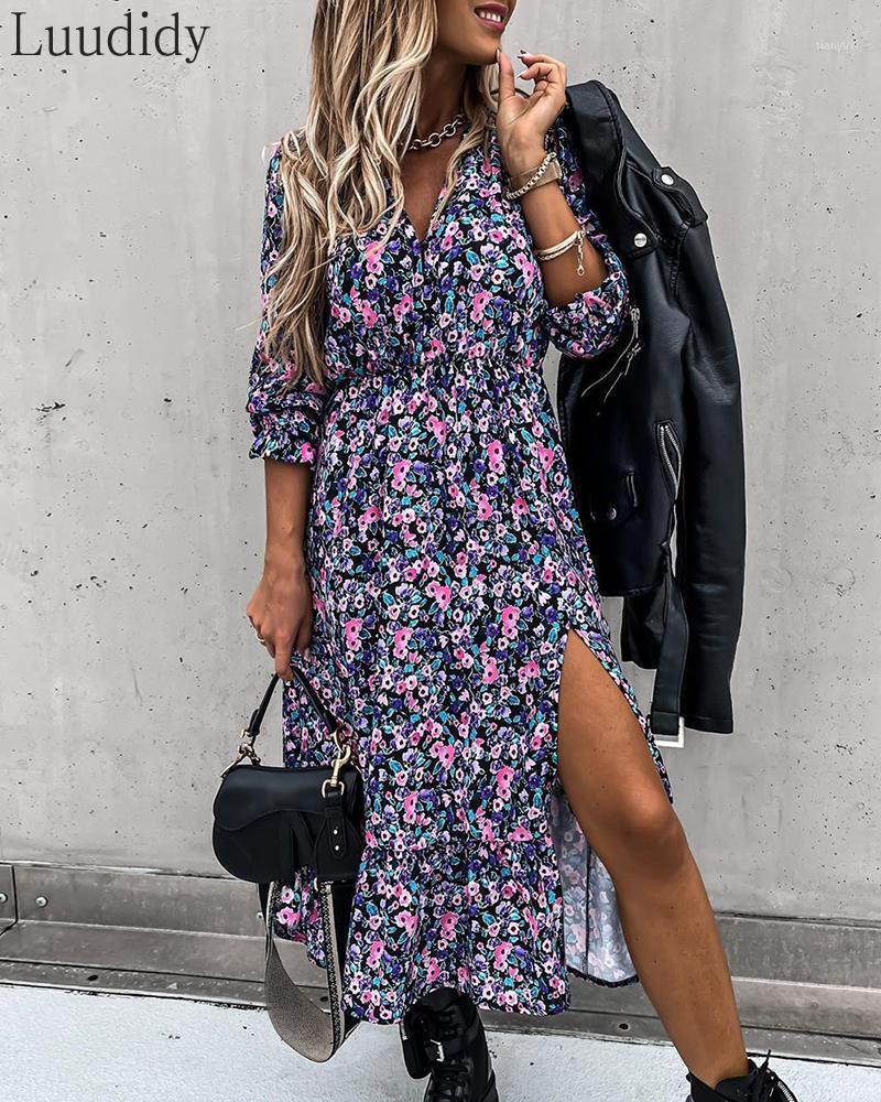 

Casual Dresses Women Floral Print High Slit Maxi Dress Shirt Elegant Party, Purple