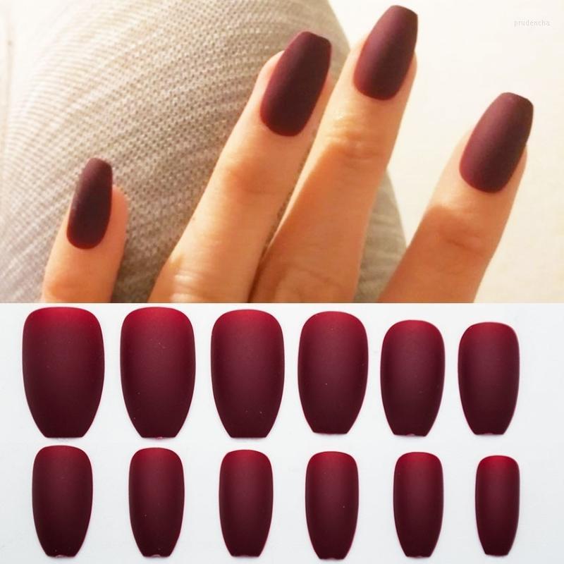 

False Nails 24Pcs Matte Fake Full Cover Press On Acrylic Frosted Nail Art Stiletto Tips Clear With Glue Prud22, Burgundy