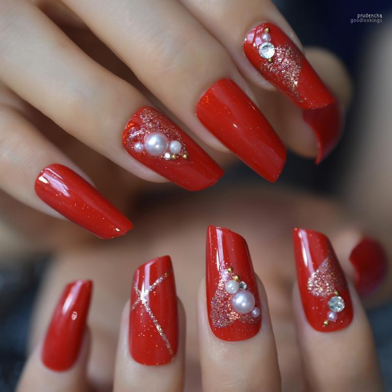 

False Nails Holo Shimmer Red Press On With Designs Pearls Lipstick Shape Sexy Luxury Fake Long Medium Artificial Nail Tips Prud22, L6105