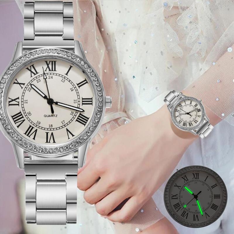 

Wristwatches Ladies Watch Zegarek Damski Retro Montre Femme Luminous Pointer Clock Steel Dial Diamond Happy Gifts Quartz Watches, Watch-042204-02