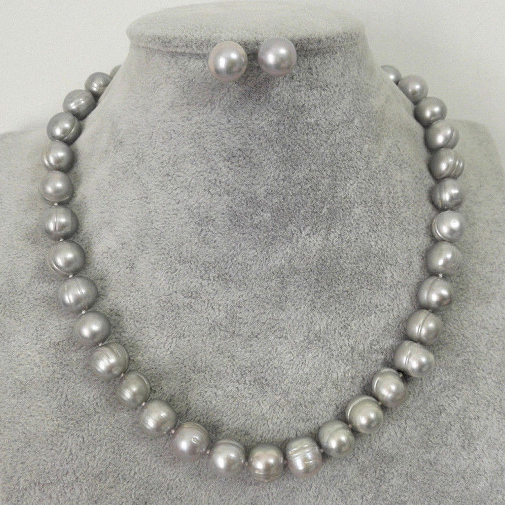 

9-10mm Genuine Natural Gray Freshwater Cultured Pearl Necklace Earring Set 16-25"