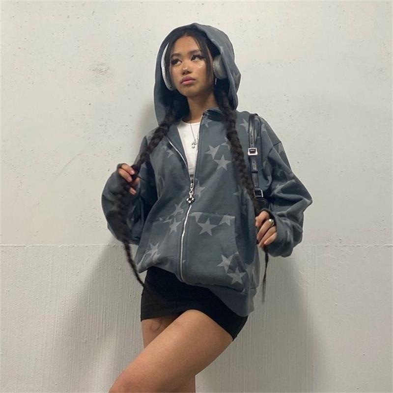 

Men Women Long-sleeved Zip Hoodie vintage Fashion star graphic Jacket OverSize Streetwear Y2K clothes emo Pullover fairy grunge, Beige