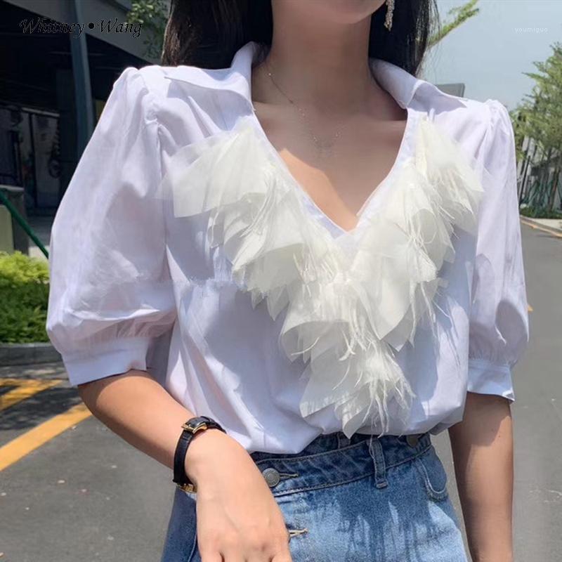 

Women's Blouses & Shirts WHITNEY WANG 2022 Summer Fashion Streetwear Feathers Ruffles Patchwork Blouse Women Blusas Lady Shirt Top, Sky blue