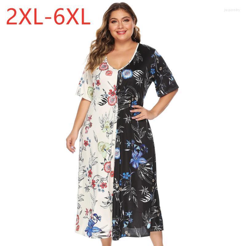 

Plus Size Dresses 2022 Summer For Women Large Loose Casual Short Sleeve Flower Print V-neck Long Dress 3XL  5XL 6XL Jasp22, Black