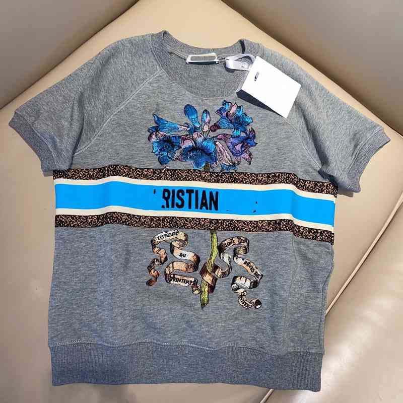 

spring and summer new round neck holiday series letter flower embroidery top leisure simple sweater short sleeve girl, Gray