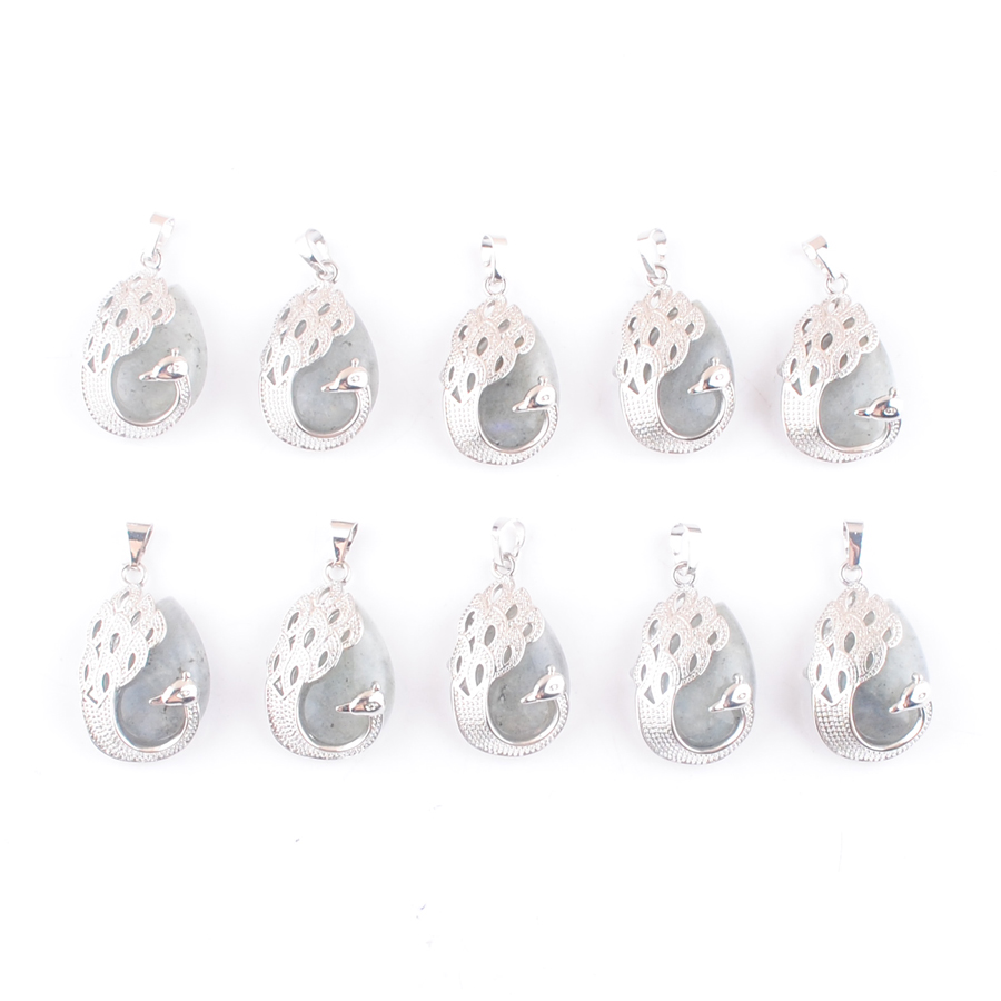 

Natural Stone Peacock Pendant Labradorite Teardrop Cabochon Gemstone Animal Charm Europe Fashion Jewelry For Women Silver Plated DN4355