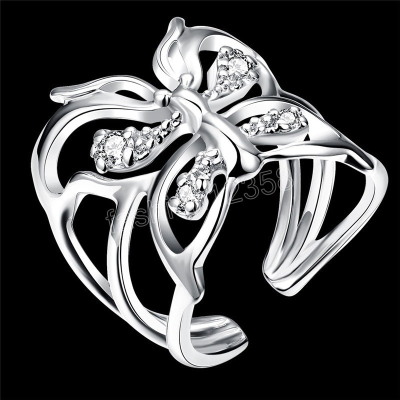 

Charm 925 Silver color Crystal butterfly Ring For Women adjustable Fashion Retro Wedding Party Gift high quality Jewelry