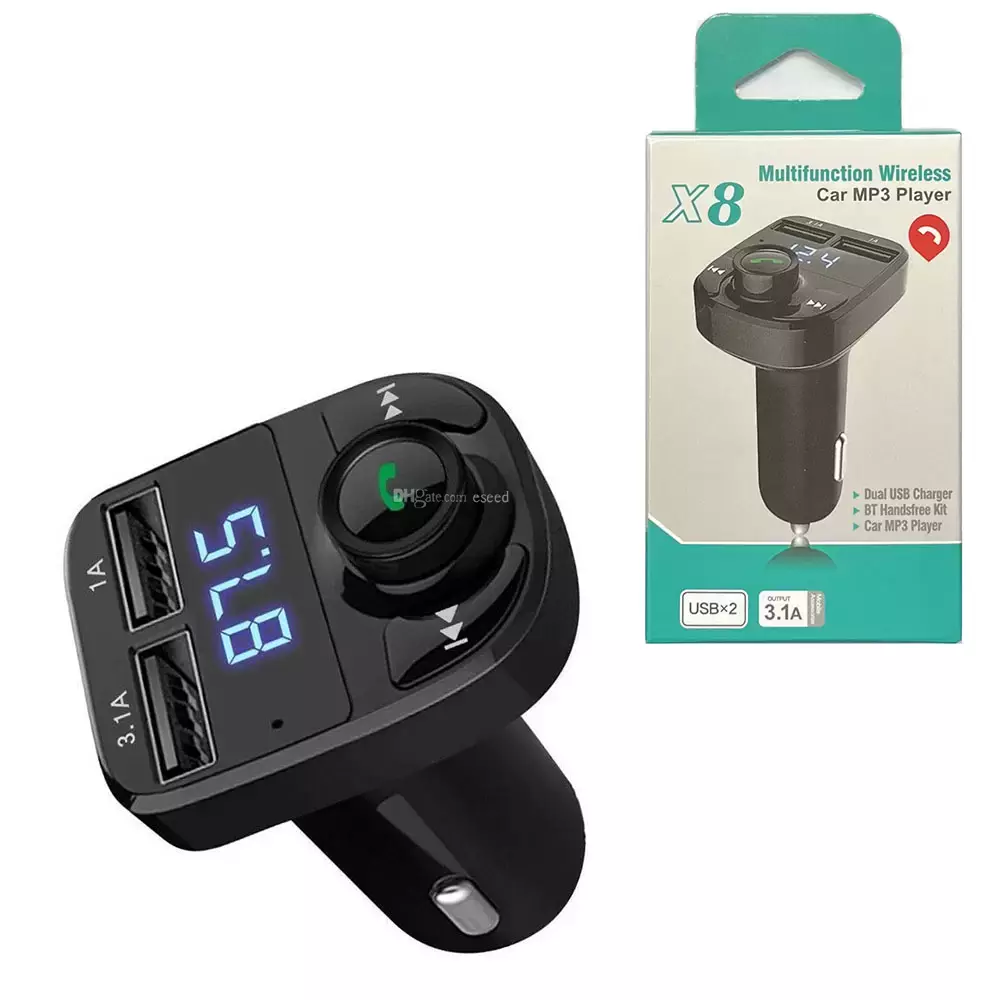 

X8 FM Transmitter with 3.1A quick Charger Aux Modulator Bluetooth Handsfree Kit Audio MP3 Player Dual USB Car Charger Accessorie folded Retail Box