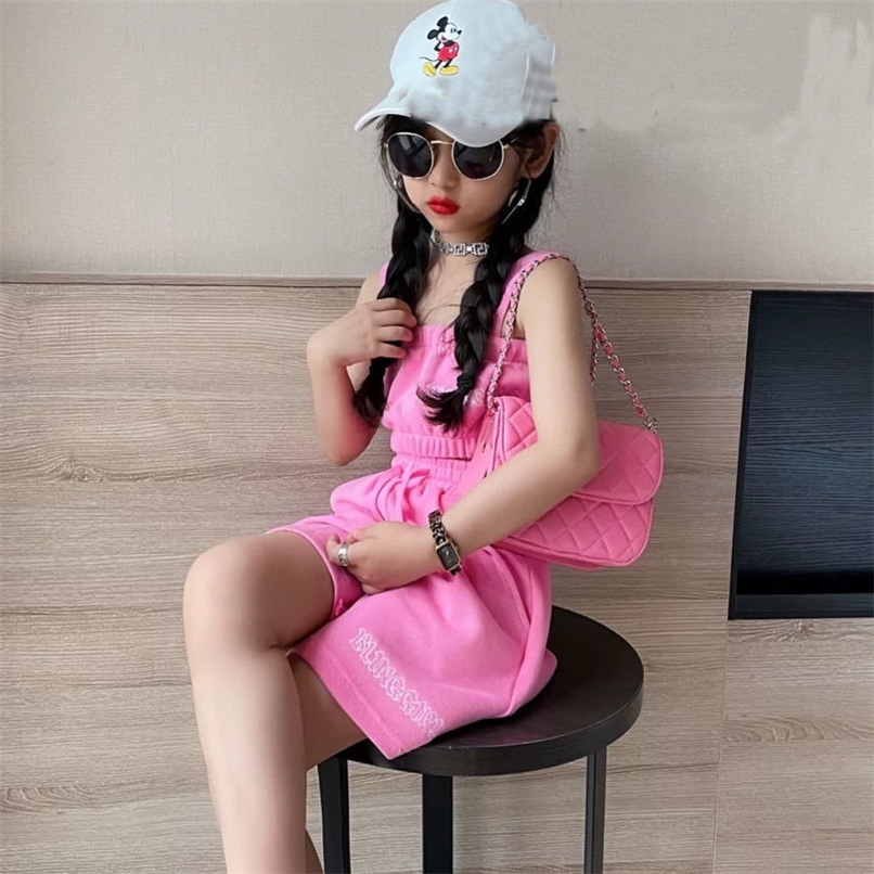 

Girls Fashion Sling Vest Mid pants Set Summer Dress Foreign Gas Korean Version Of The Big Children s Sports Suit 220614, Green